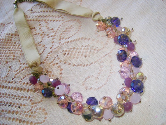 Vintqge Purple Lavender Pink Crystal Cluster Neck… - image 2