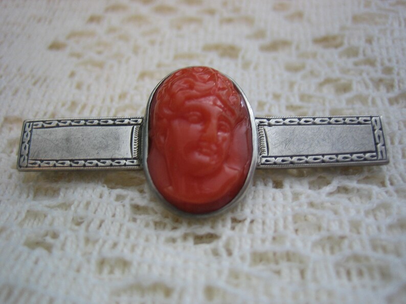 Vintage Antique Carved Red Coral Cameo Brooch