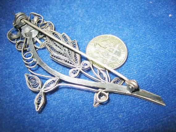 Vtg. 800 Silver Large Filagree Flower Brooch 1940s - image 3