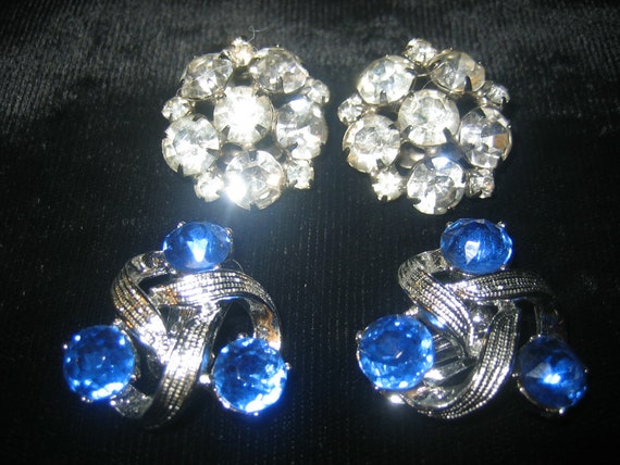 Vintage 2 Pair Rhinestone Earrings Clear & Blue C… - image 1