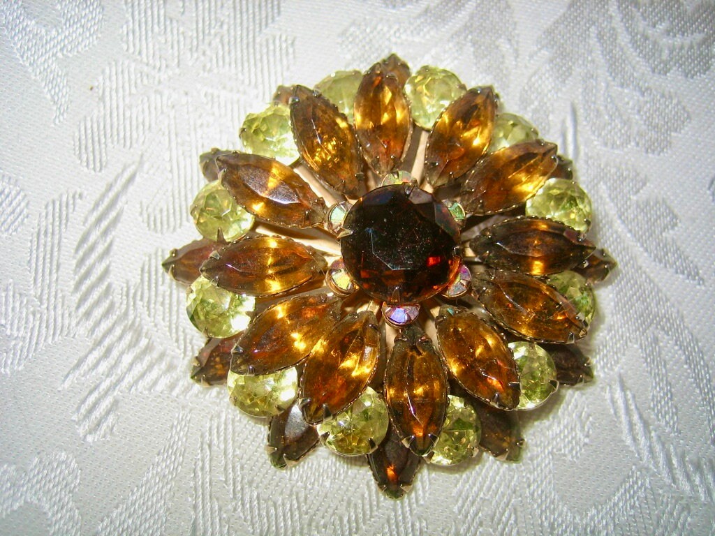 Vintage "Cathie" Large Stone Brown & Yellow Rhinestone Brooch