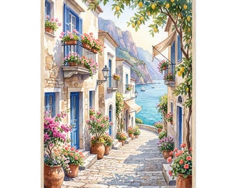 Mediterranean Summer Watercolor Coastal Framed Poster
