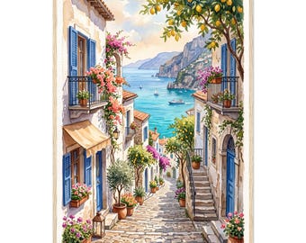 Mediterranean Summer Watercolor Print: Amalfi Coast Street Scene, Framed Poster