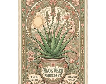 Art Nouveau Aloe Vera Plant Poster, Lively Greens, Muted Pinks, Framed Print
