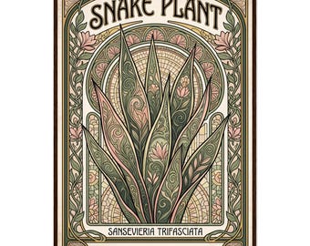 Snake Plant Art Nouveau Poster: Lively Greens, Muted Pinks, Framed Print