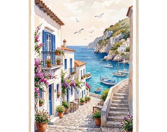 Mediterranean Summer Watercolor Coastal Framed Poster