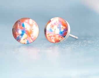 Abstract Creative Photo Stud Earrings, Artsy crackled picture, Unusual silver round stud earrings, Simple resin minimalist jewelry