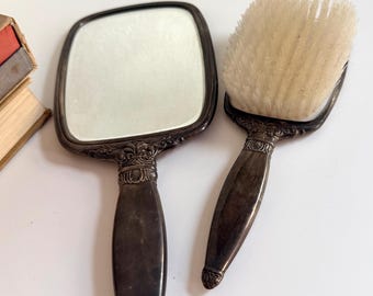 Antique Silver-Tone Vanity Set | Hand Mirror, Brush, Tray | Monogrammed MCP