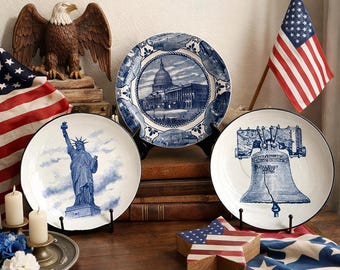 Set of 3 Blue White Americana Collector Plates | Capitol, Statue of Liberty Bell