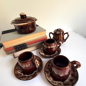 Vintage (1960s) Brown Hull Drip Glaze Pottery Set - Cups, Saucers, Sugar Pot, Tea