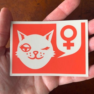 Feminist Cat Bumper Sticker - Red - with Female Symbol