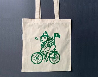 Feminist / Feminism Shopping Bag / Tote Depicting Quote "A woman needs a man like a fish needs a bicycle."