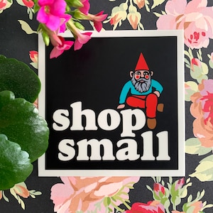 Shop Small Sticker - Black with White Lettering and Gnome