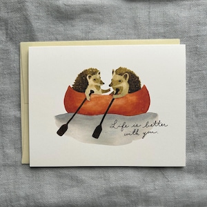Carte de voeux aquarelle Hérissons dans un canoë - pour l'amour, l'amitié et plus encore ! Intérieur vierge - Imprimé sur FSC Cert. Papier dans une petite entreprise