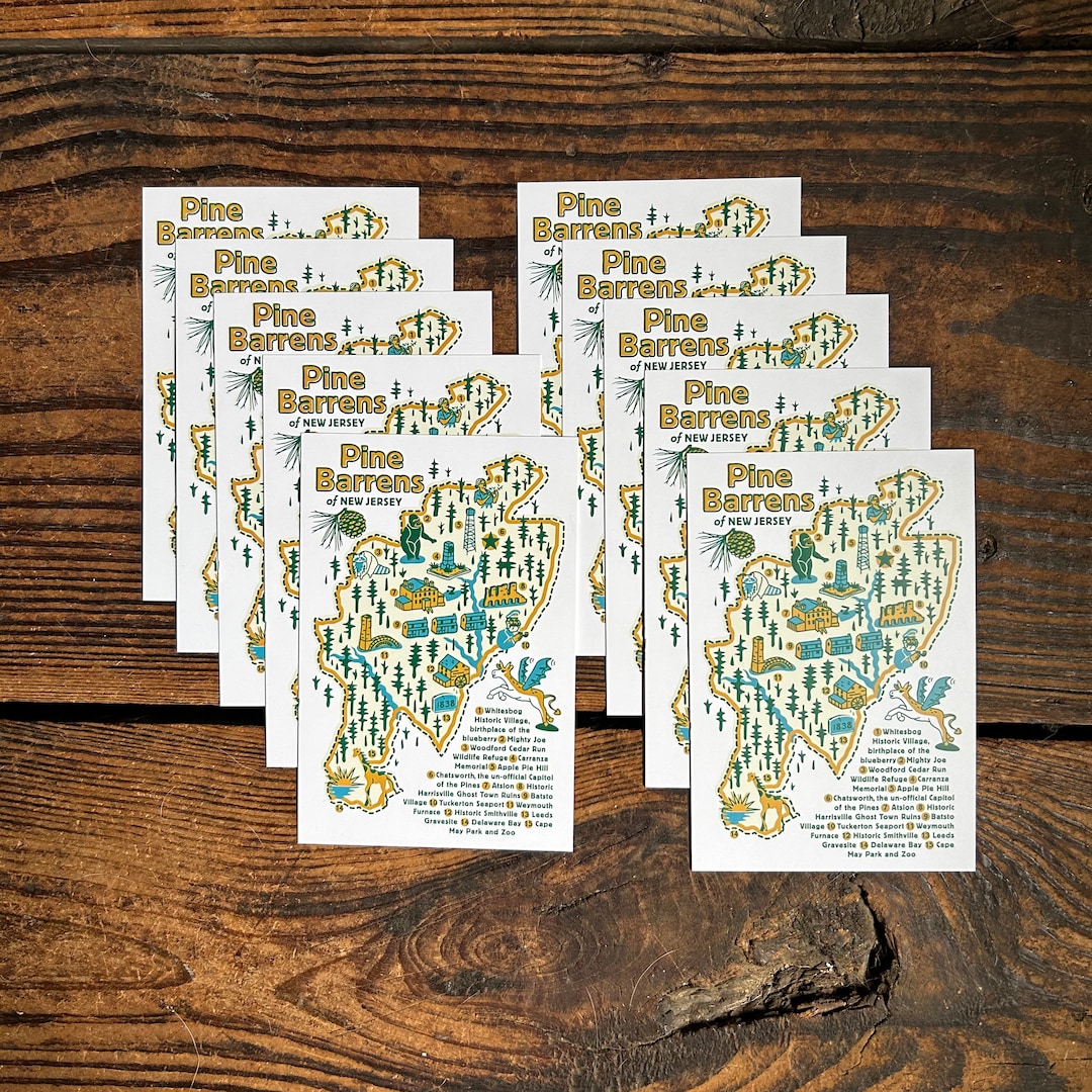 Set of 10 TEN Pine Barrens Map Post Cards Featuring 15 New Jersey 