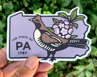 Pennsylvania Decal with State Bird & Flower, Ruffed Grouse and Mountain Laurel - High quality, suitable for indoor/outdoor/bumper sticker