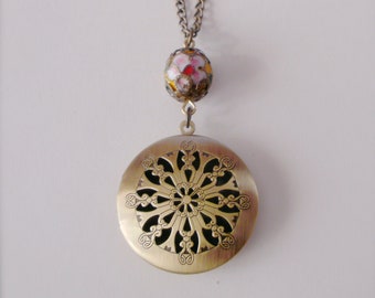 Round Locket Necklace, Scent Locket, Vintage Style, Gold Brass Filigree Locket, Floral Lampwork Photo Locket, Gift For Her, Picture Locket
