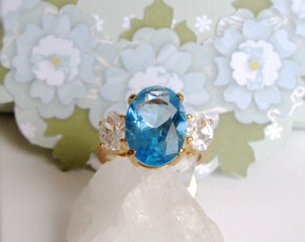 Vintage 14K Gold Plated Ring NOS, Aquamarine Stone & Cubic Zirconia Ring, Statement Ring, Cocktail Ring, Mother's Day Gift, Gift for Her