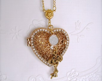 Heart Locket Necklace, Goldtone Scent Locket, Clear Rhinestone Heart Locket, Key to My Heart Filigree Locket, Photo Locket, Gift For Her