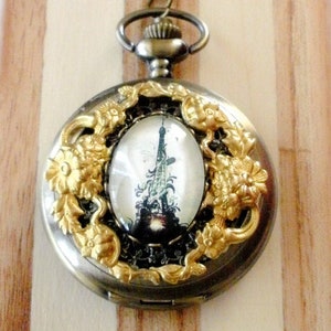 Eiffel Tower Watch Necklace, Eiffel Tower Floral Pocket Watch Necklace, Long Necklace, Floral Watch Pendant, Travel Jewelry, Gift for Her image 3
