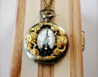 Eiffel Tower Watch Necklace, Eiffel Tower Floral Pocket Watch Necklace, Long Necklace, Floral Watch Pendant, Travel Jewelry, Gift for Her