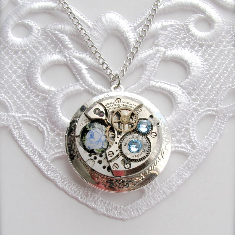 Steampunk Locket Necklace Gruen 17 Jewels Watch Movement Blue Rose Round Statement Gift For Her - Gruen Pendant Watch Spider Steampunk Locket Necklace Gruen 17 Jewels Watch Movement Blue Rose Round Statement Gift For Her - Gruen Pendant Watch Spider