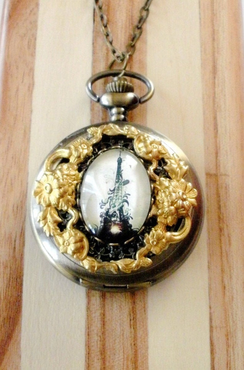 Eiffel Tower Watch Necklace, Eiffel Tower Floral Pocket Watch Necklace, Long Necklace, Floral Watch Pendant, Travel Jewelry, Gift for Her image 3