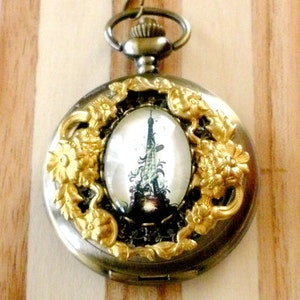 Eiffel Tower Watch Necklace, Eiffel Tower Floral Pocket Watch Necklace, Long Necklace, Floral Watch Pendant, Travel Jewelry, Gift for Her image 4
