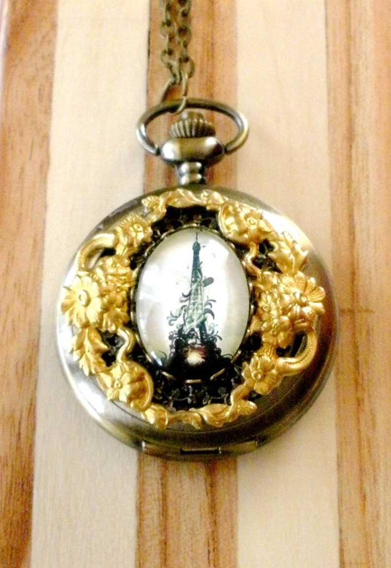 Eiffel Tower Watch Necklace, Eiffel Tower Floral Pocket Watch Necklace, Long Necklace, Floral Watch Pendant, Travel Jewelry, Gift for Her image 4