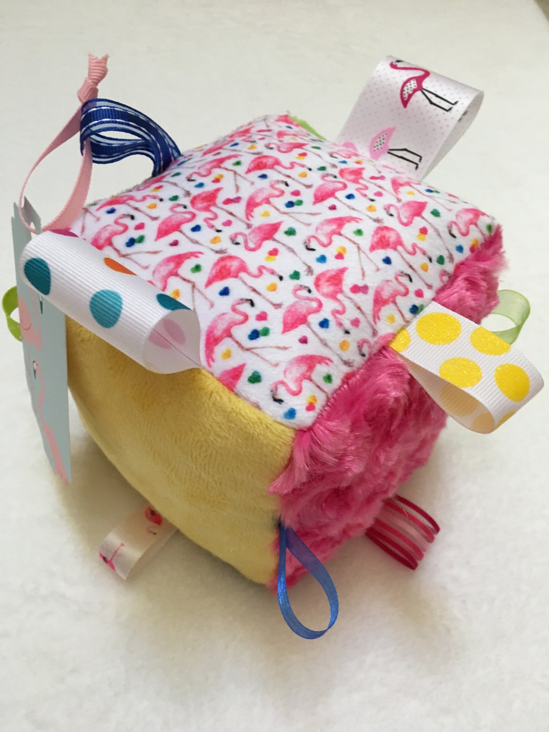Flamingo Minky Sensory Baby Block: Plush Toy With Ribbons & Bells - Etsy