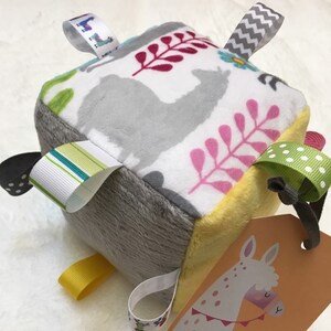 Llama Sensory Plush Minky Baby Block with Ribbons and Bells  5&quot; square Baby Shower Toy Gift