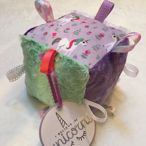 Unicorn Sensory Plush Minky Baby Block with Ribbons and Bells  5&quot; square-BabyShower Toy Gift
