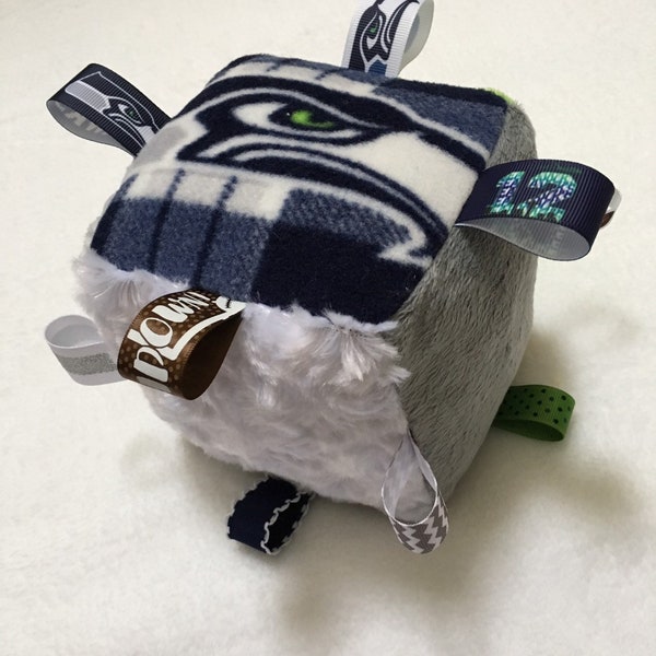 Seattle Seahawks Washington Football Team Super Soft Sensory Plush  Minky Baby Block with Ribbons and Bells 5" square Baby Shower Gift