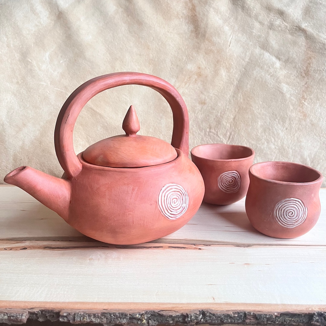 Wild Clay Spiral Tea Pot With Two Cups // Pit Fire Pottery Etsy