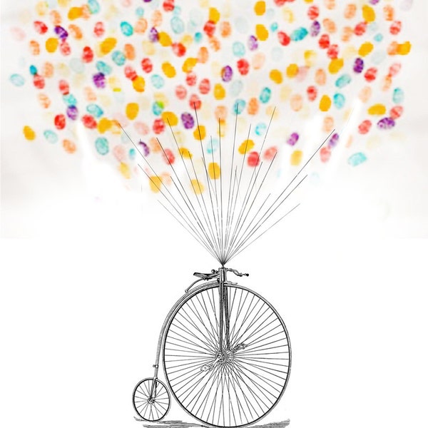 Balloon with Vintage Bike, Unique Wedding Guestbook Thumbprint Art - Digital Download