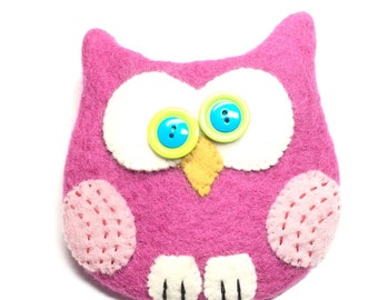 Owl Bag Pink/pink bag/felted wool/change purse/gift bag/hoot/gift