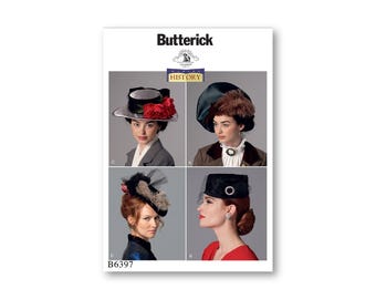Historical Hat Patterns- Butterick Making History- Beret, pillbox, large brimmed, bustle- Sizes XS-L- B6397