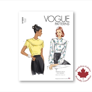 May include: Vogue Patterns sewing pattern cover featuring illustrations of two women wearing blouses. One woman wears a yellow blouse, the other a white blouse with a floral pattern. The text reads "Vogue Patterns" and "Reissue Circa 1947 Design".