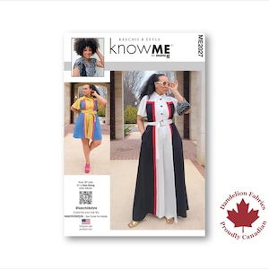 May include: A fashion design pattern by Keechie & Style, featuring a color-blocked dress with black, white, and red panels. The design includes a collared neckline, short sleeves, and a belted waist. The image also shows a shorter dress with blue, yellow, and pink panels.