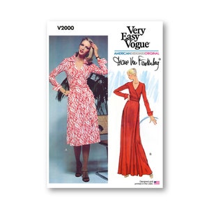 May include: A sewing pattern for a wrap dress, designed by Diane Von Furstenberg. The pattern is for a long and short version of the dress. The pattern is from Very Easy Vogue, V2000.