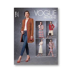 May include: Vogue Patterns V1643 sewing pattern showcasing four different styles: a brown jacket with a white collar and red trim, a plaid dress, a white blouse with a pleated skirt, and a red jacket with a black and white plaid skirt.