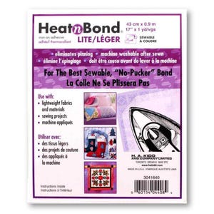 May include: Purple and white packaging for Heat n Bond Lite/Léger iron-on adhesive. The packaging shows an iron and a sewing project. The text on the packaging reads "For The Best Sewable, "No-Pucker" Bond. La Colle Ne Se Plissera Pas".