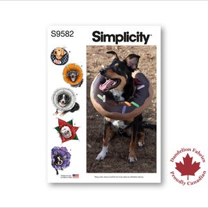 May include: Simplicity pattern S9582 shows a dog wearing a donut-shaped collar. The pattern includes illustrations of dogs with various cone-shaped collars. The Simplicity logo is at the top, with the Dandelion Fabrics logo on the bottom right.