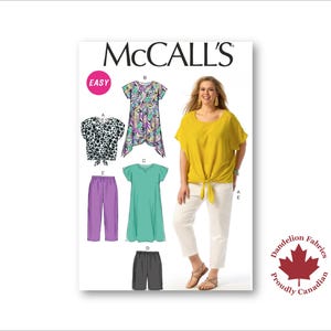 May include: McCall's sewing pattern with designs for women's clothing, such as tops, trousers, and a dress. The cover shows a woman in a yellow tie-front top and white trousers. The pattern includes the text "EASY" and a Canadian flag logo.