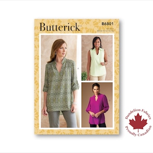 Könnte beinhalten: Butterick Schnittmuster B6801 mit drei Blusen-Designs. Das Muster beinhaltet eine langärmlige, gemusterte Bluse, ein ärmelloses Top und eine magenta Bluse mit Dreiviertelärmeln. Das Dandelion Fabrics Logo befindet sich unten rechts.