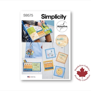Puede incluir: Patrón de costura Simplicity S9575, con un diseño adaptativo. La portada muestra un colorido tablero de actividades sensoriales con varias texturas y elementos. Incluye un primer plano del tablero y otros elementos relacionados. También es visible el logotipo de Dandelion Fabrics.