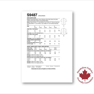 Pode incluir: Um papel branco com o texto "S9487" e detalhes do produto. O papel inclui medidas em polegadas e um logotipo "Dandelion Fabrics Proudly Canadian" no canto inferior direito.