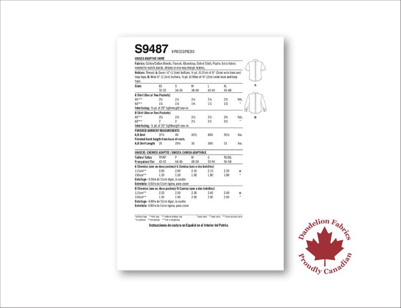 Pode incluir: Um papel branco com o texto "S9487" e detalhes do produto. O papel inclui medidas em polegadas e um logotipo "Dandelion Fabrics Proudly Canadian" no canto inferior direito.