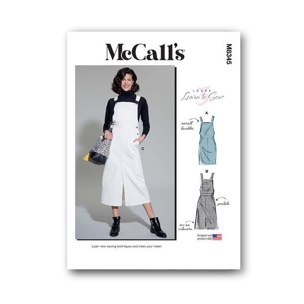 Overalls Dress Pattern- McCall's Pattern- Bib front and crossover back, pockets, and slim skirt with kick pleat- Sizes 6-22- M8345