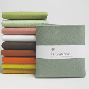 May include: A stack of 10 felt fabric squares in various colors, including green, pink, brown, orange, and yellow. The top square is a solid sage green with the text "Dandelion" printed on a white label.